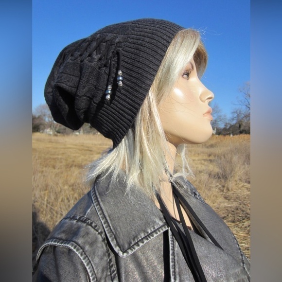 Vacationhouse Black Cotton Cable Knit Lace up Beads Beanie Hat